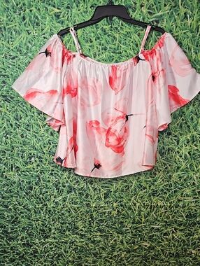 Halston Heritage Coral Pink Watercolor Floral Off-Shoulder Blouse